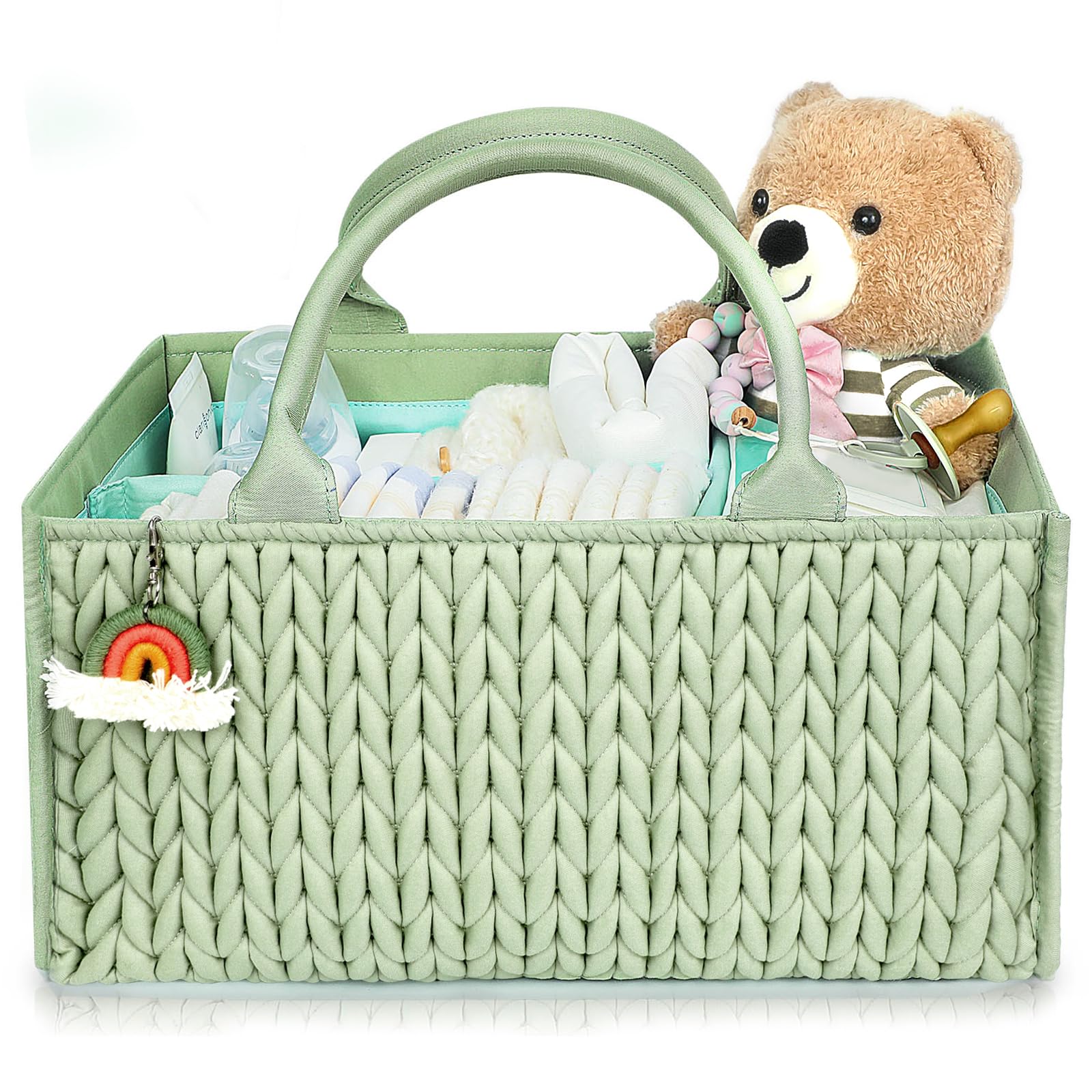 MOMINSIDE Diaper Caddy Organizer Baby Basket Nursery Storage Caddy Organizer for Portable Changing Table Dresser Car Baby Registry Baby Shower Gifts for Girl Boy(Fair Green)