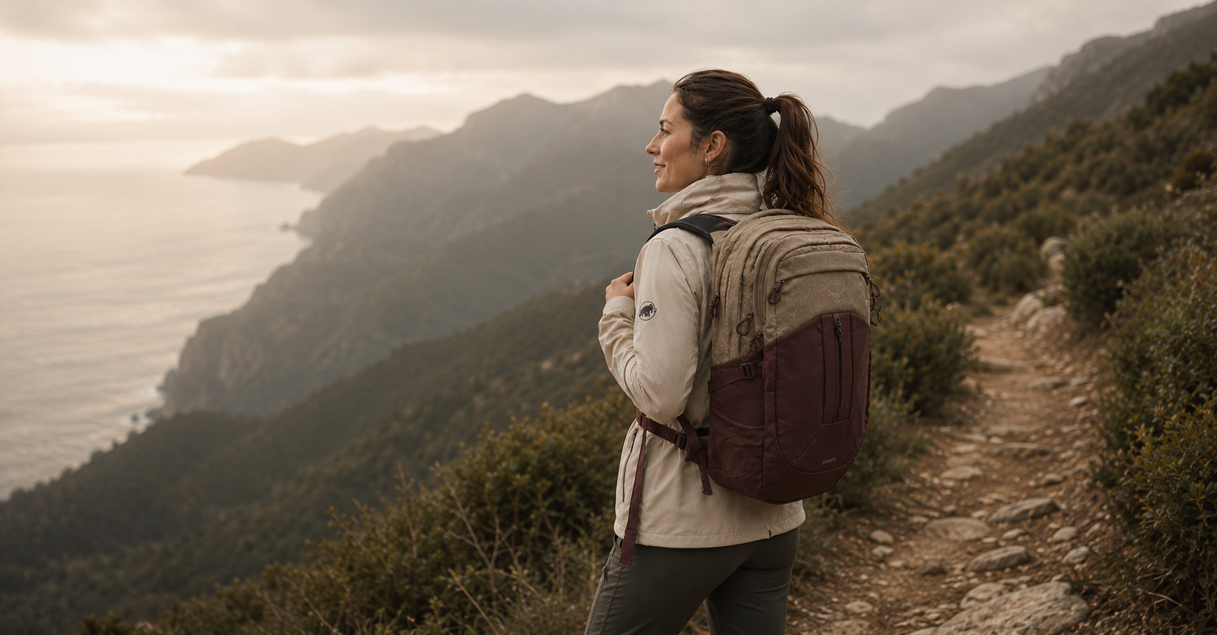 Woman with a backpack standing on a mountain path overlooking a scenic view of mountains and water.