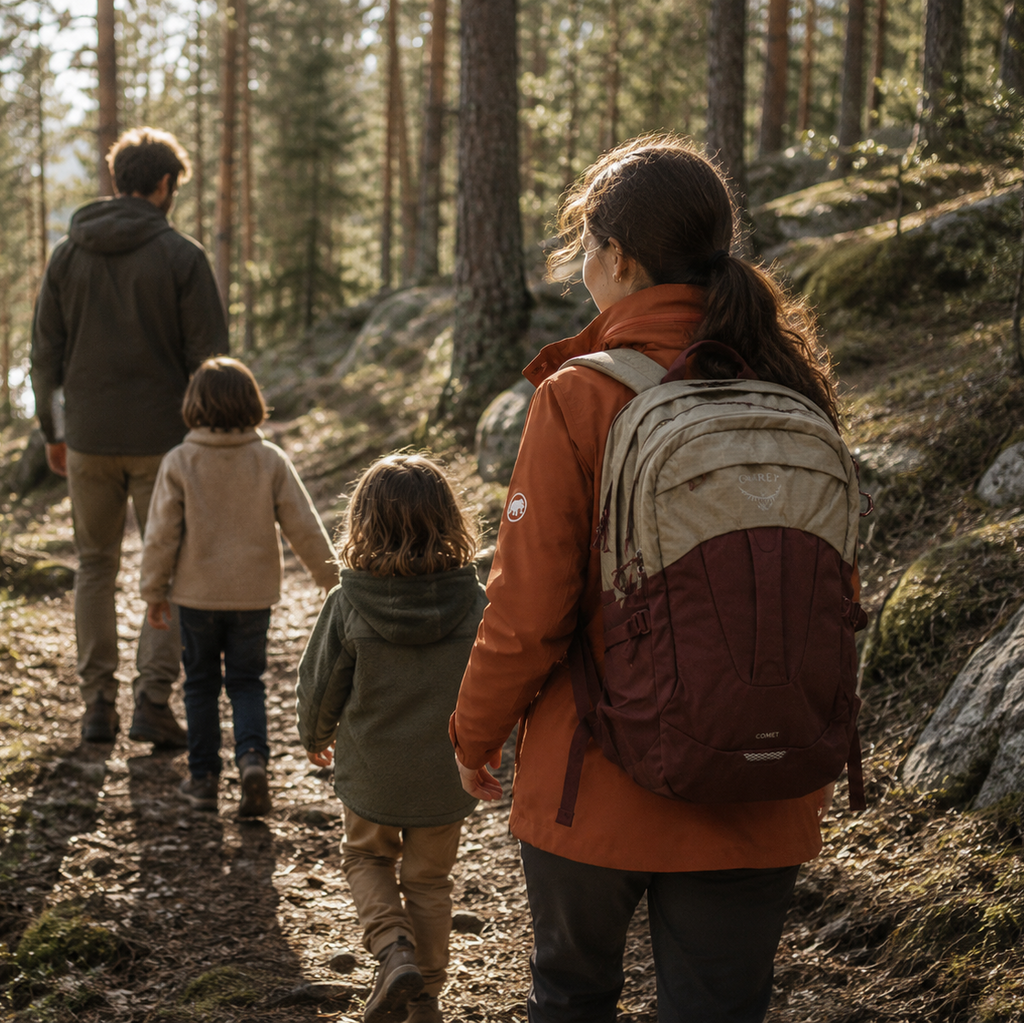 Family of four hiking through a forest with backpacks.